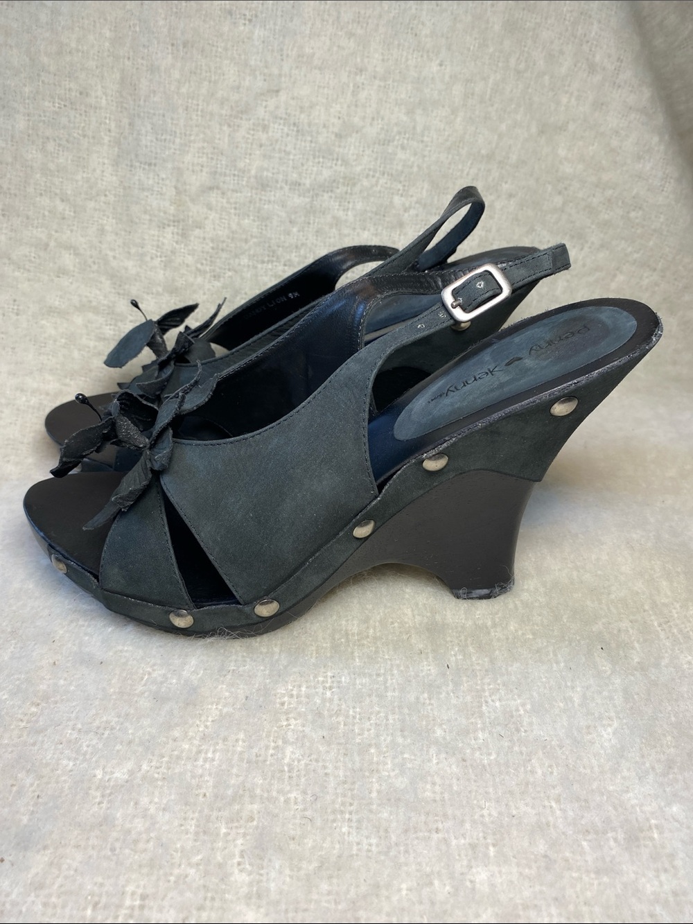 Penny Loves Kenny Black Suede Wedge Sandals with Bow Detail